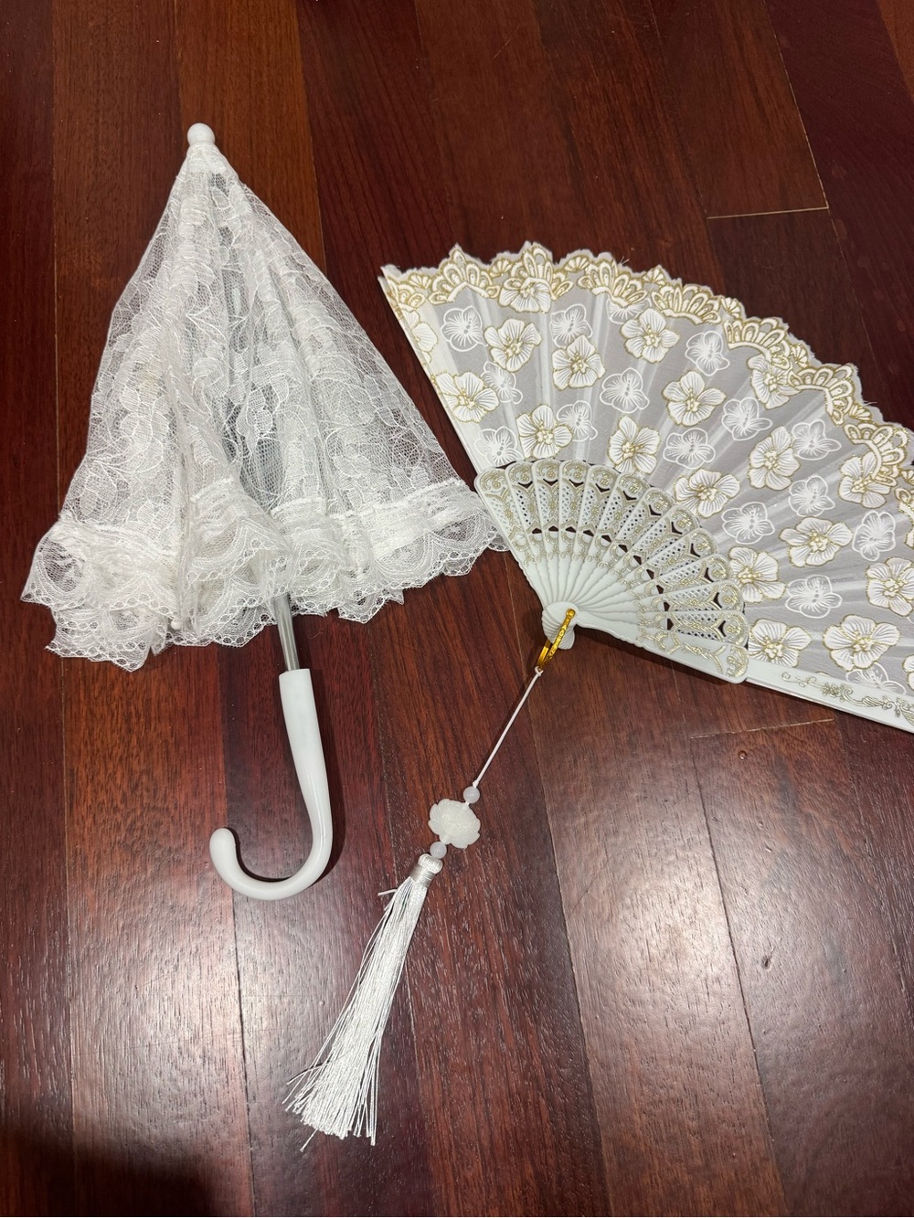 🎃Victorian Costume Accessories White Lace Parasol with Hand Fan